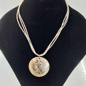 Shell Pendant Womens Necklace Beaded Floral Metal Inlay Mother of Pearl Nautical